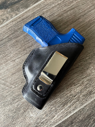 Custom Fit Leather Clip Holster with Basketweave Tooling