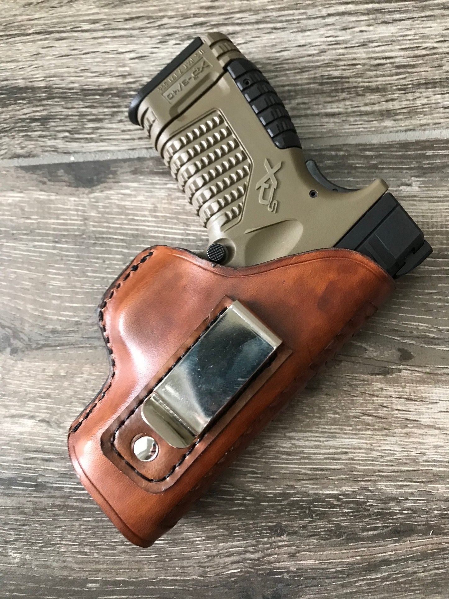 Custom Fit Leather Clip Holster with Basketweave Tooling